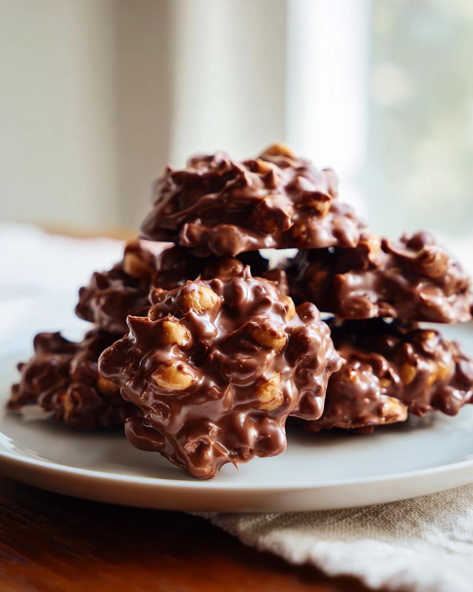 A stack of delicious Crockpot candy clusters made with chocolate and peanuts on a white plate.