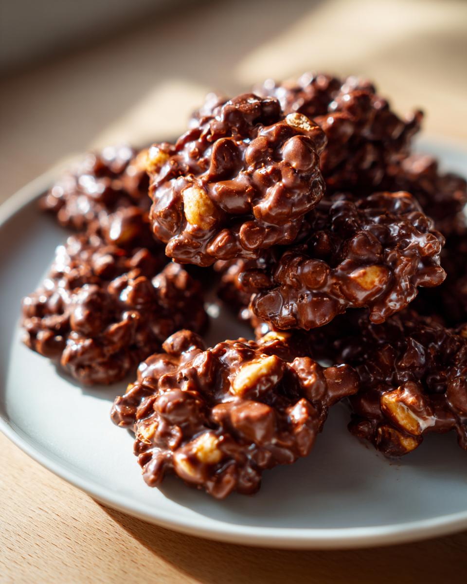 A close-up of a pile of shiny, chocolatey Crockpot candy clusters with visible nuts.