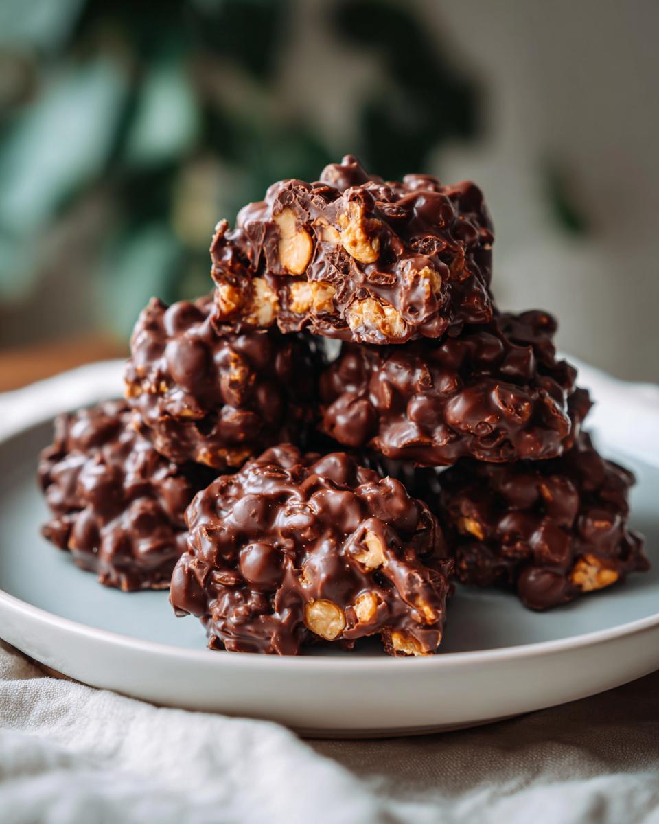 A stack of rich, chocolatey Crockpot candy clusters filled with peanuts on a light blue plate.