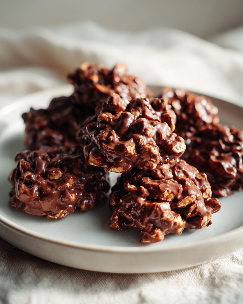 A close-up of delicious Crockpot candy clusters made with chocolate and crunchy ingredients.