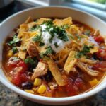 A close-up of a hearty bowl of crockpot chicken tortilla soup, topped with shredded chicken, tortilla strips, cheese, sour cream, and cilantro.