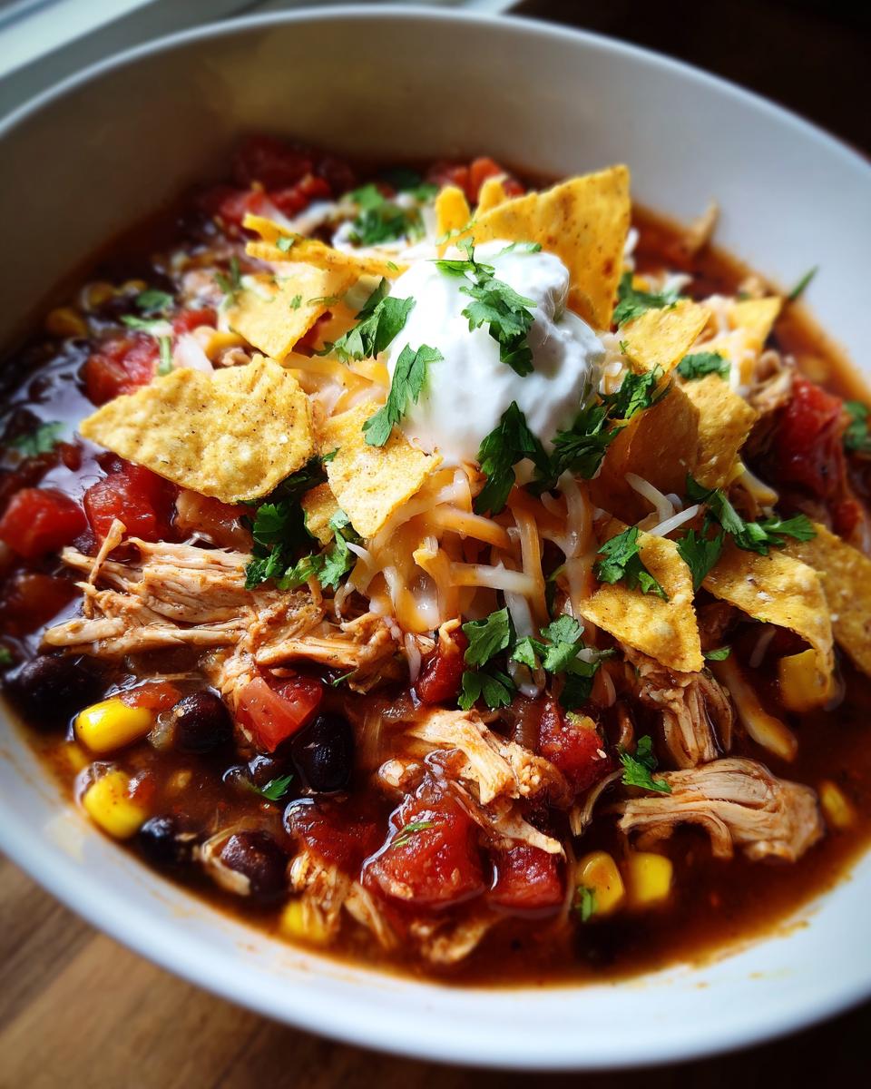 A close-up of a hearty bowl of crockpot chicken tortilla soup, topped with shredded cheese, sour cream, tortilla chips, and cilantro.