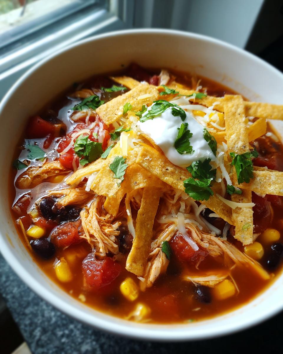 A close-up of a bowl of crockpot chicken tortilla soup topped with shredded chicken, tortilla strips, cheese, and sour cream.