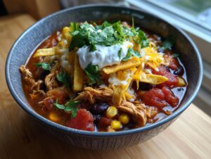 A close-up of a bowl of crockpot chicken tortilla soup, topped with shredded cheese, sour cream, tortilla strips, and cilantro.