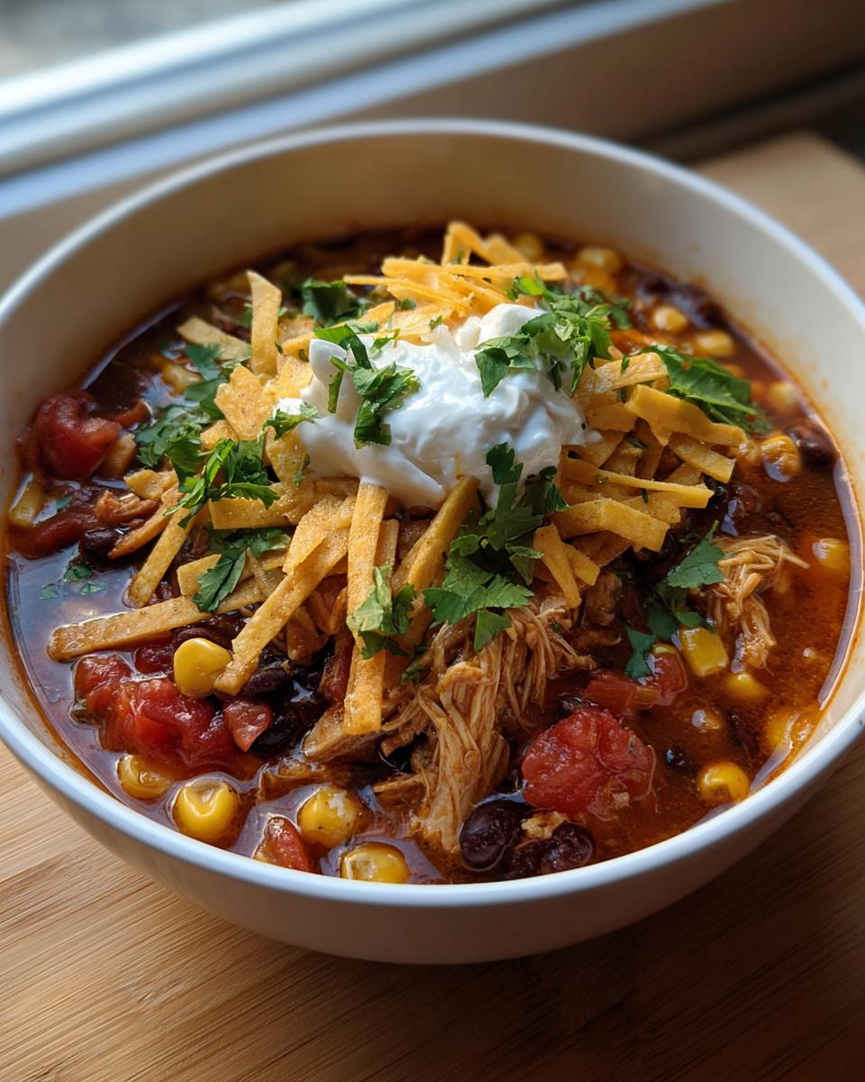 A close-up of a bowl of crockpot chicken tortilla soup topped with shredded cheese, sour cream, cilantro, and tortilla strips.