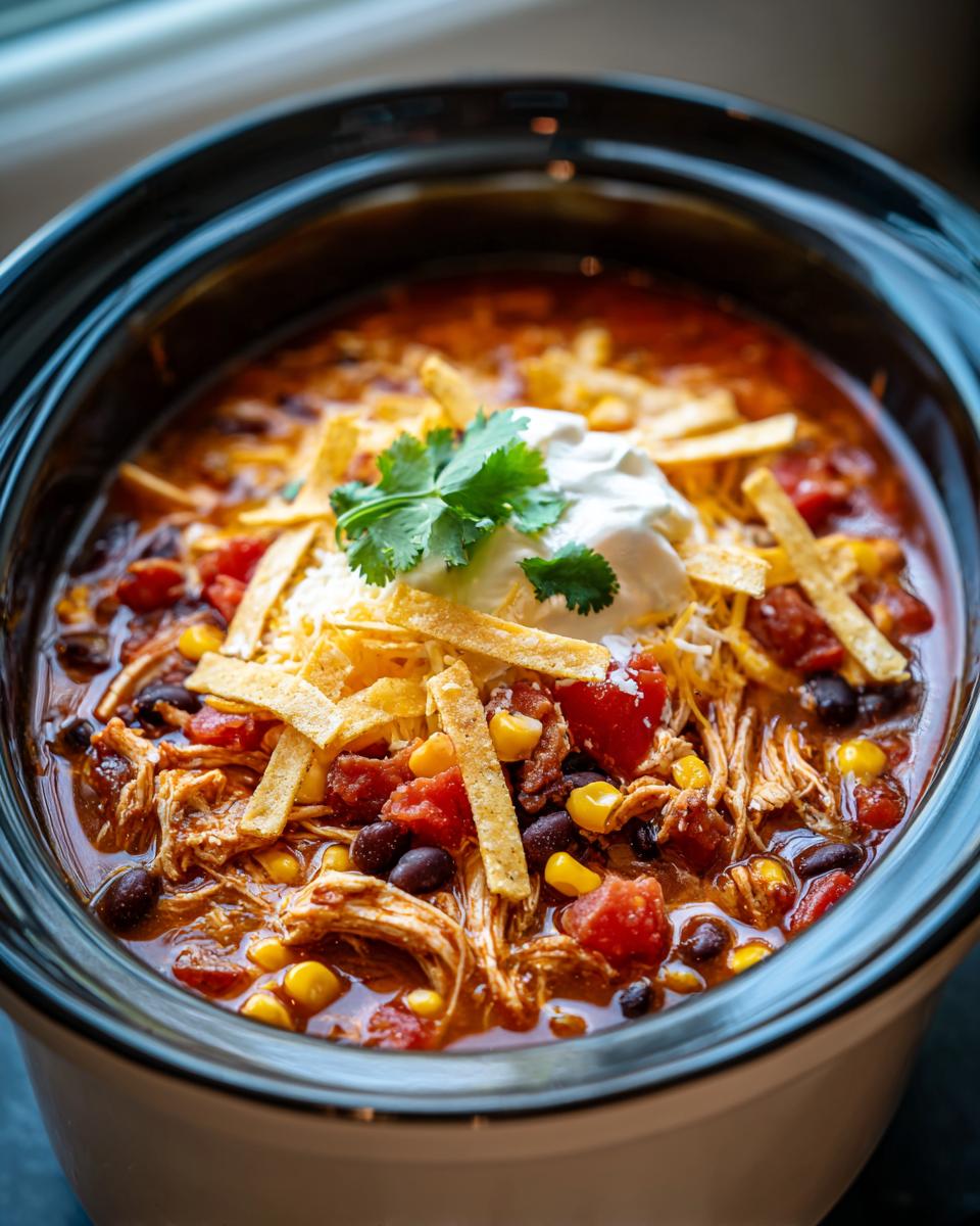 A close-up of a crockpot filled with delicious crockpot chicken tortilla soup, topped with sour cream, cheese, and tortilla strips.