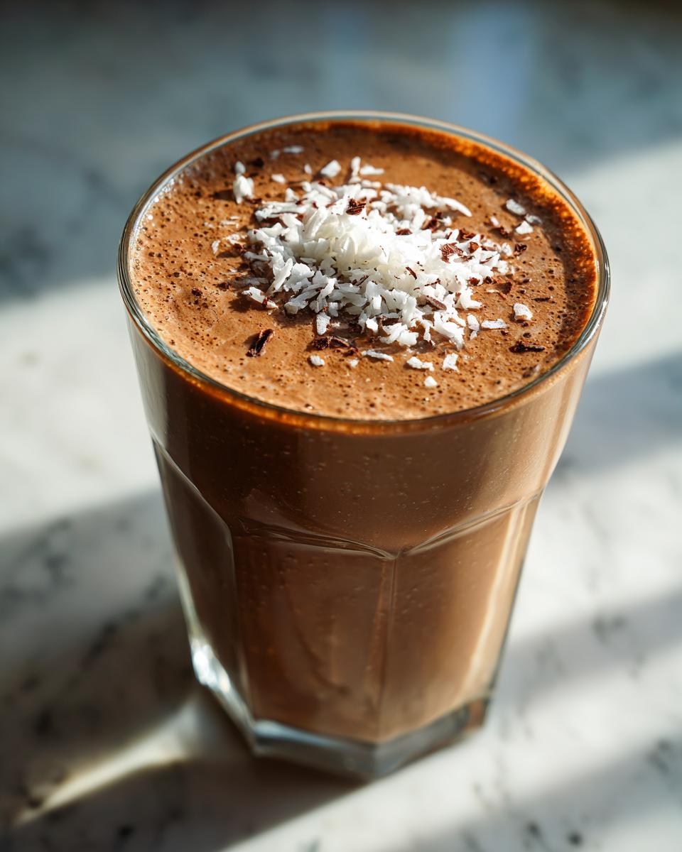 A refreshing dark chocolate coffee smoothie topped with shredded coconut and chocolate shavings in a glass.