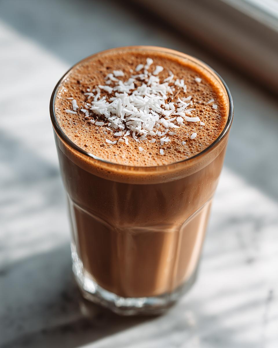 A refreshing Dark Chocolate Coffee Smoothie topped with shredded coconut and a dusting of cocoa powder.
