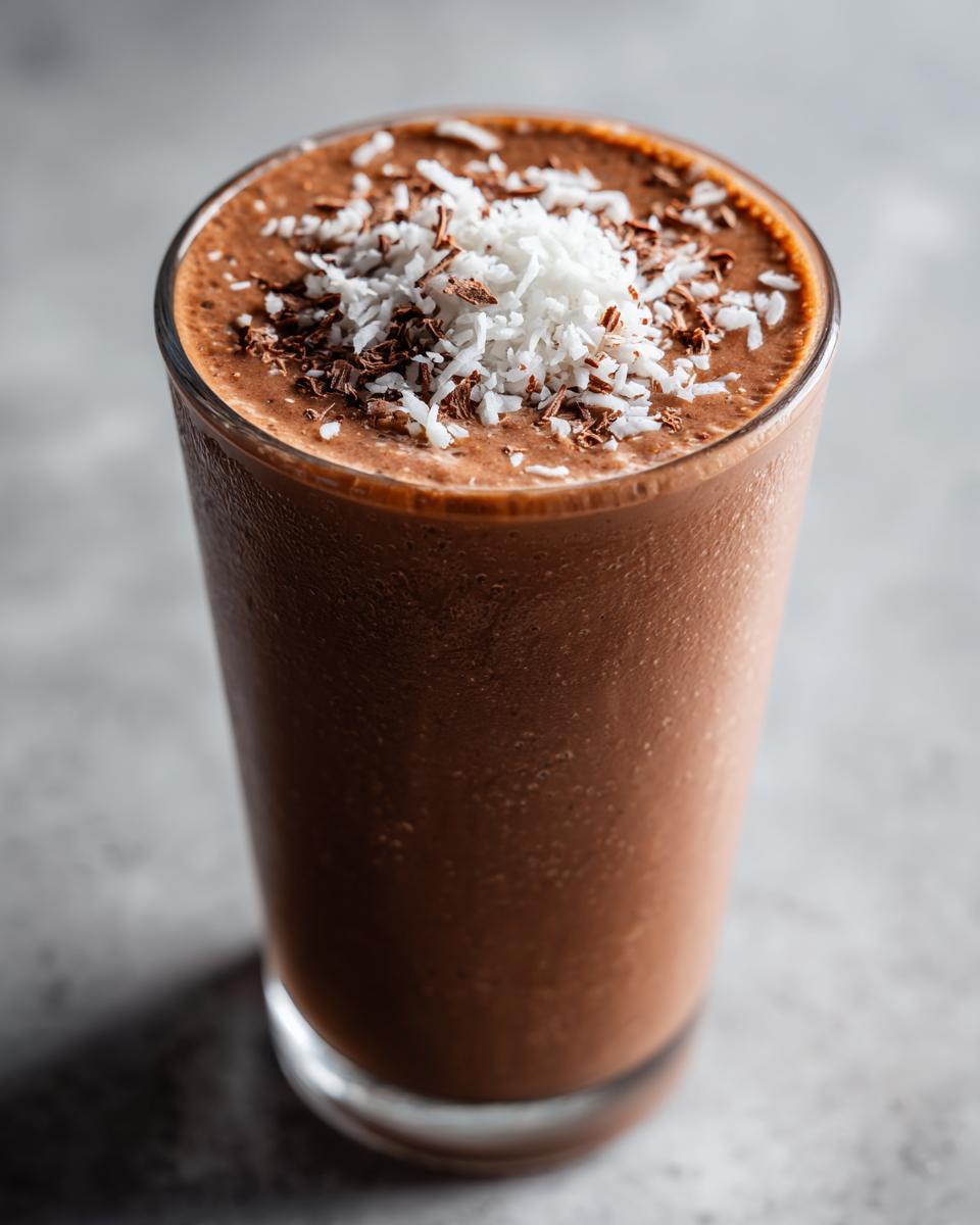 A refreshing dark chocolate coffee smoothie topped with shredded coconut and chocolate shavings in a tall glass.