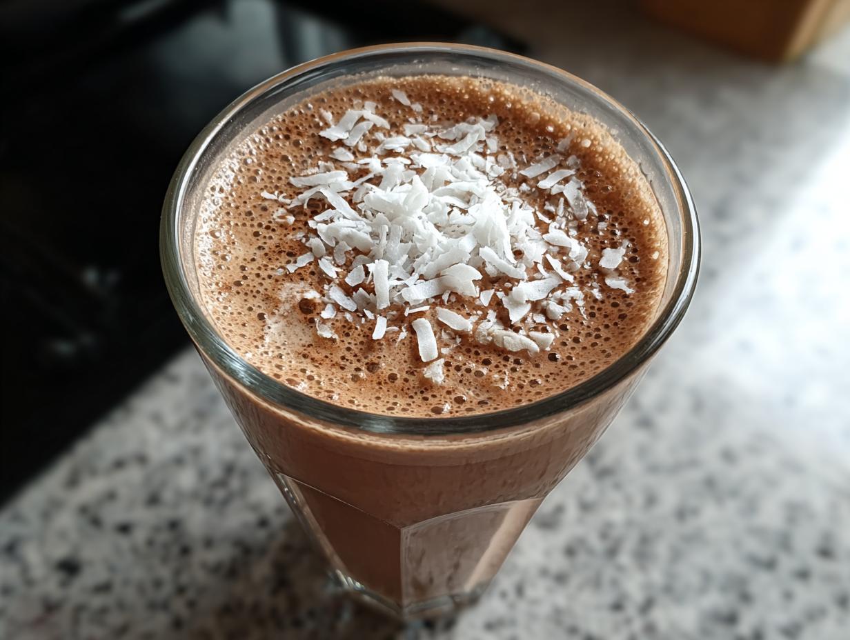 A refreshing dark chocolate coffee smoothie topped with shredded coconut flakes in a clear glass.