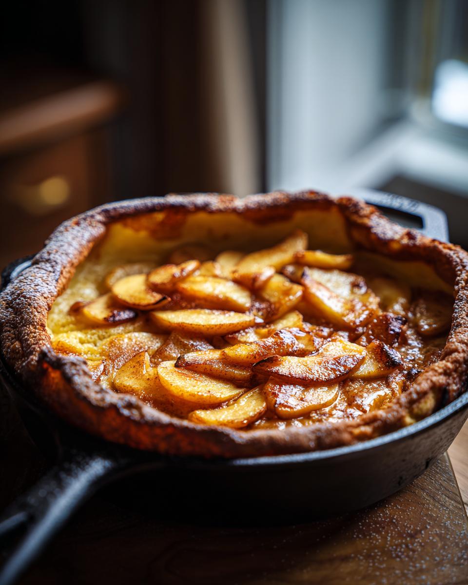 A warm Dutch baby pancake with apples, baked in a cast iron skillet and dusted with powdered sugar.