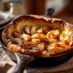 A golden-brown Dutch baby pancake with apples, baked in a cast iron skillet and dusted with powdered sugar.