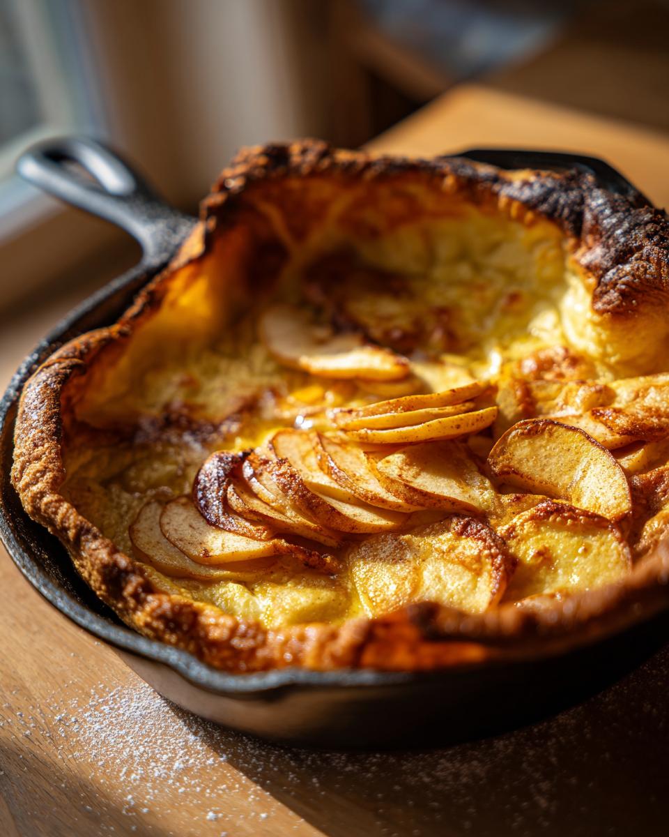 A freshly baked Dutch baby pancake with apples, golden brown and puffed up in a cast-iron skillet.