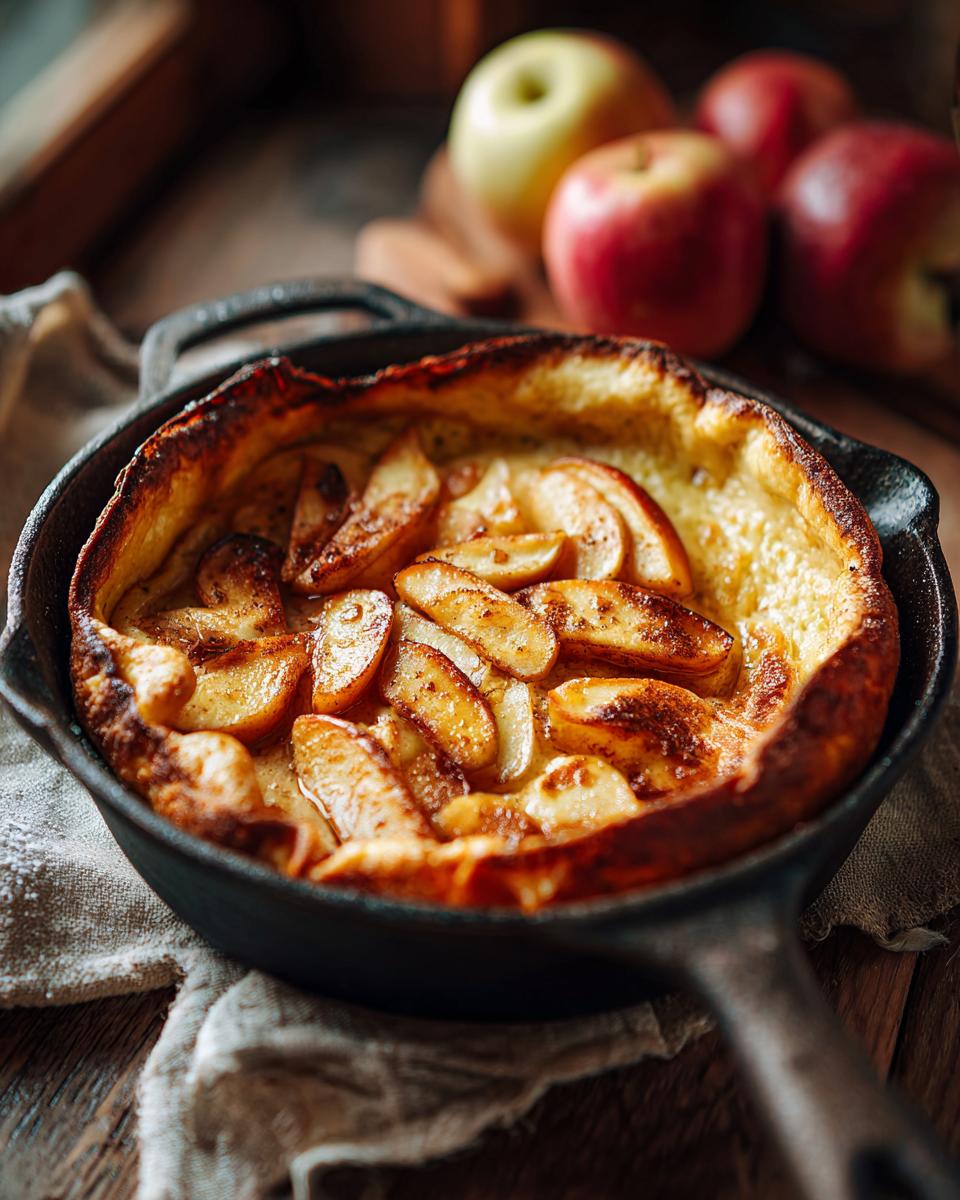 A freshly baked Dutch baby pancake with apples, served in a cast iron skillet, topped with cinnamon and sugar.