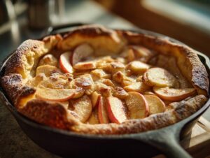 A freshly baked Dutch baby pancake with apples, dusted with powdered sugar, served in a cast iron skillet.