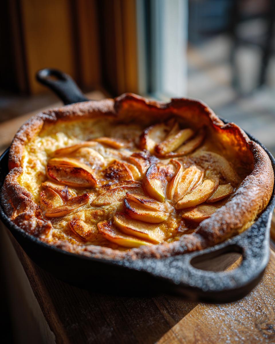 A golden Dutch baby pancake with baked apple slices on top, dusted with powdered sugar, served in a cast-iron skillet.