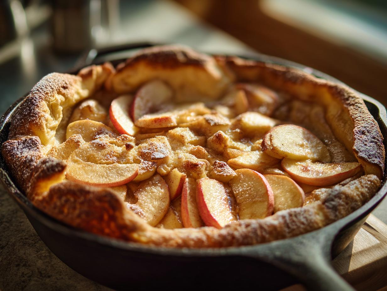 A freshly baked Dutch baby pancake with apples, dusted with powdered sugar, served in a cast iron skillet.