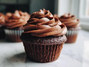 A close-up of an easy chocolate cupcake topped with swirls of rich chocolate frosting. Other cupcakes are blurred in the background.
