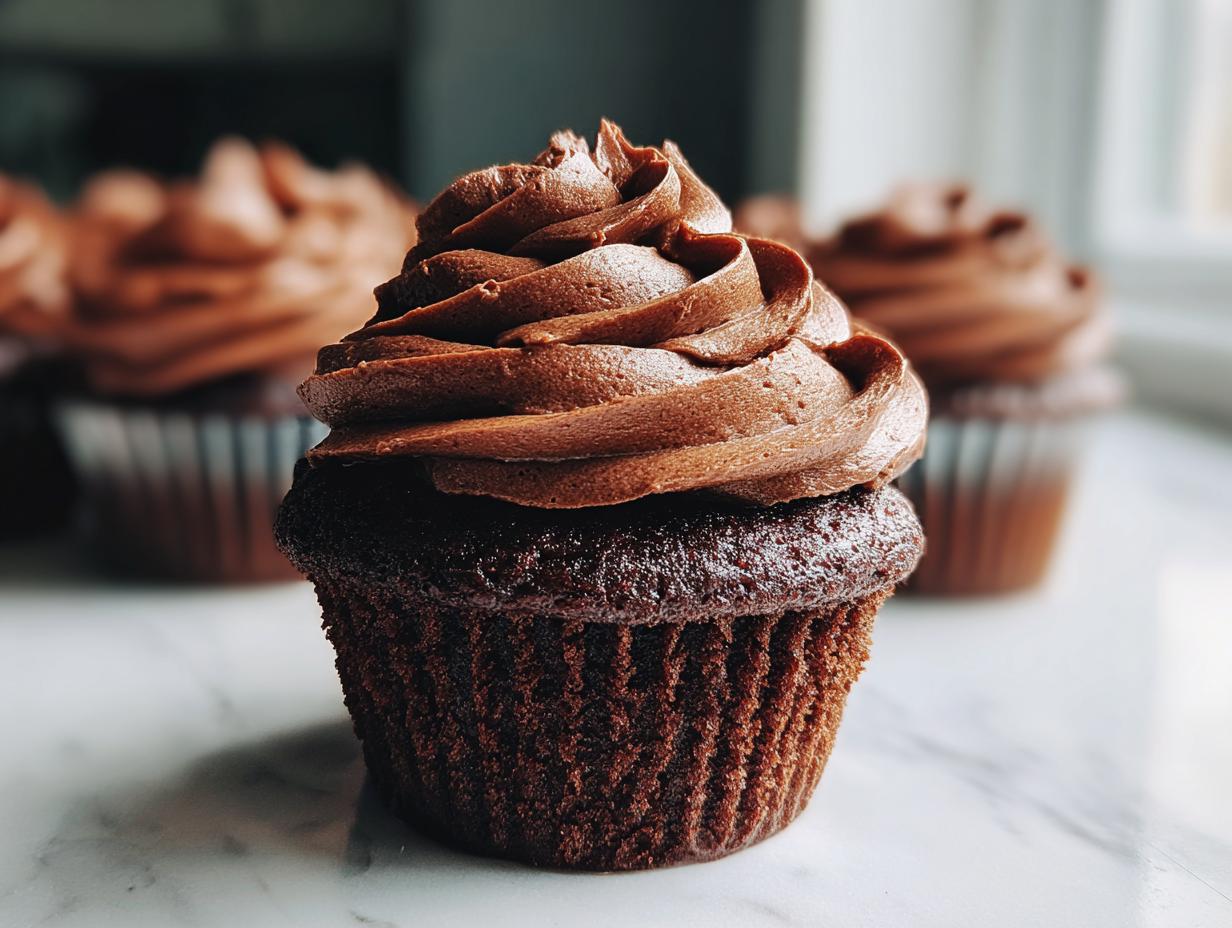 A close-up of an easy chocolate cupcake topped with swirls of rich chocolate frosting. Other cupcakes are blurred in the background.
