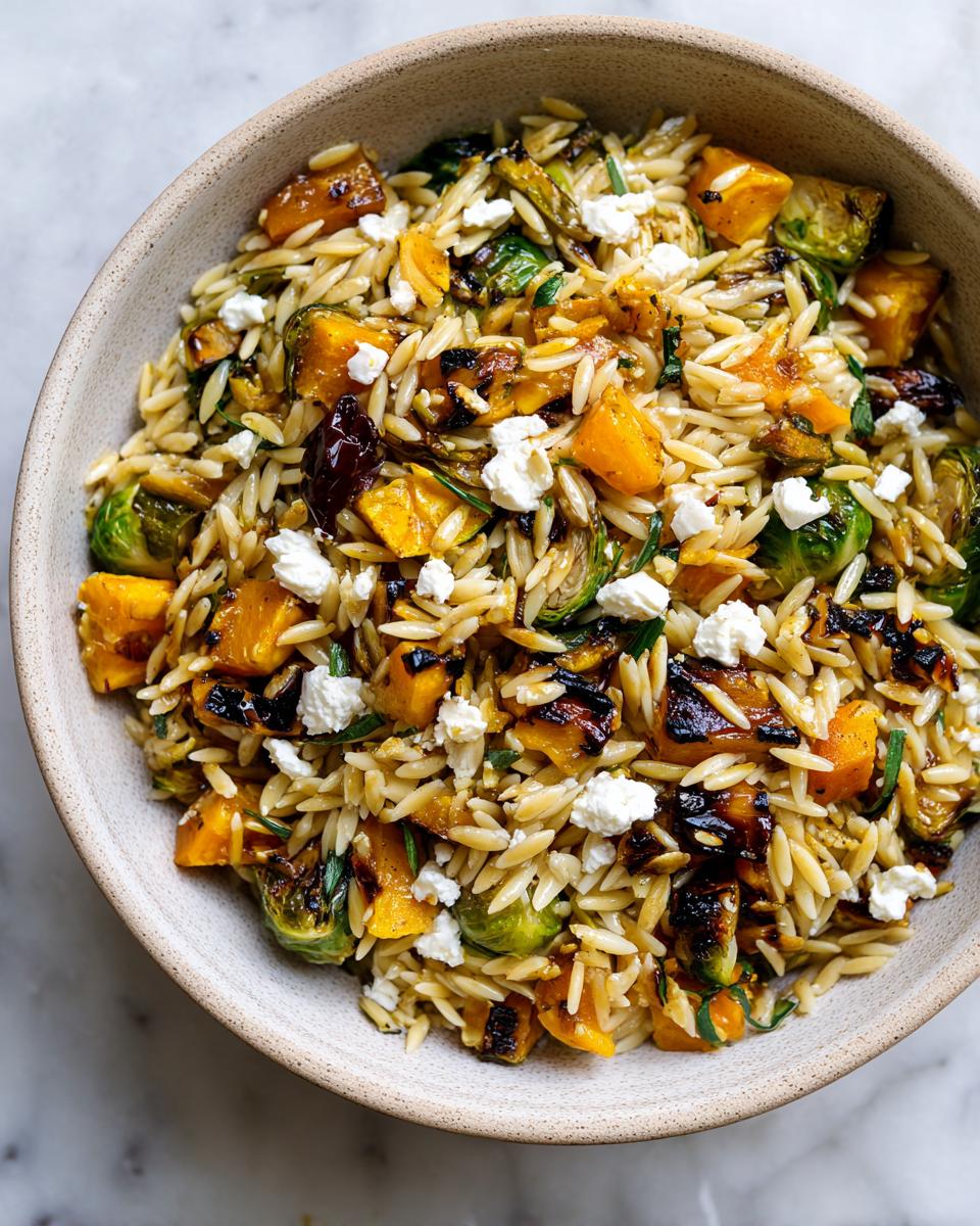 A close-up overhead view of a bowl filled with fall orzo salad, featuring roasted butternut squash, Brussels sprouts, and crumbled feta cheese.