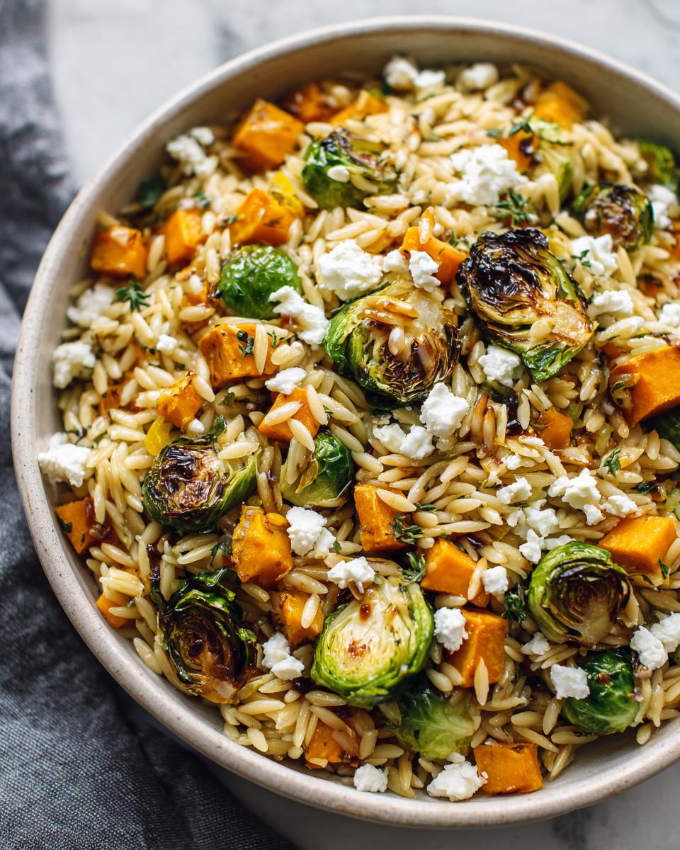 A close-up of a bowl of fall orzo salad featuring roasted butternut squash, Brussels sprouts, and crumbled feta cheese.