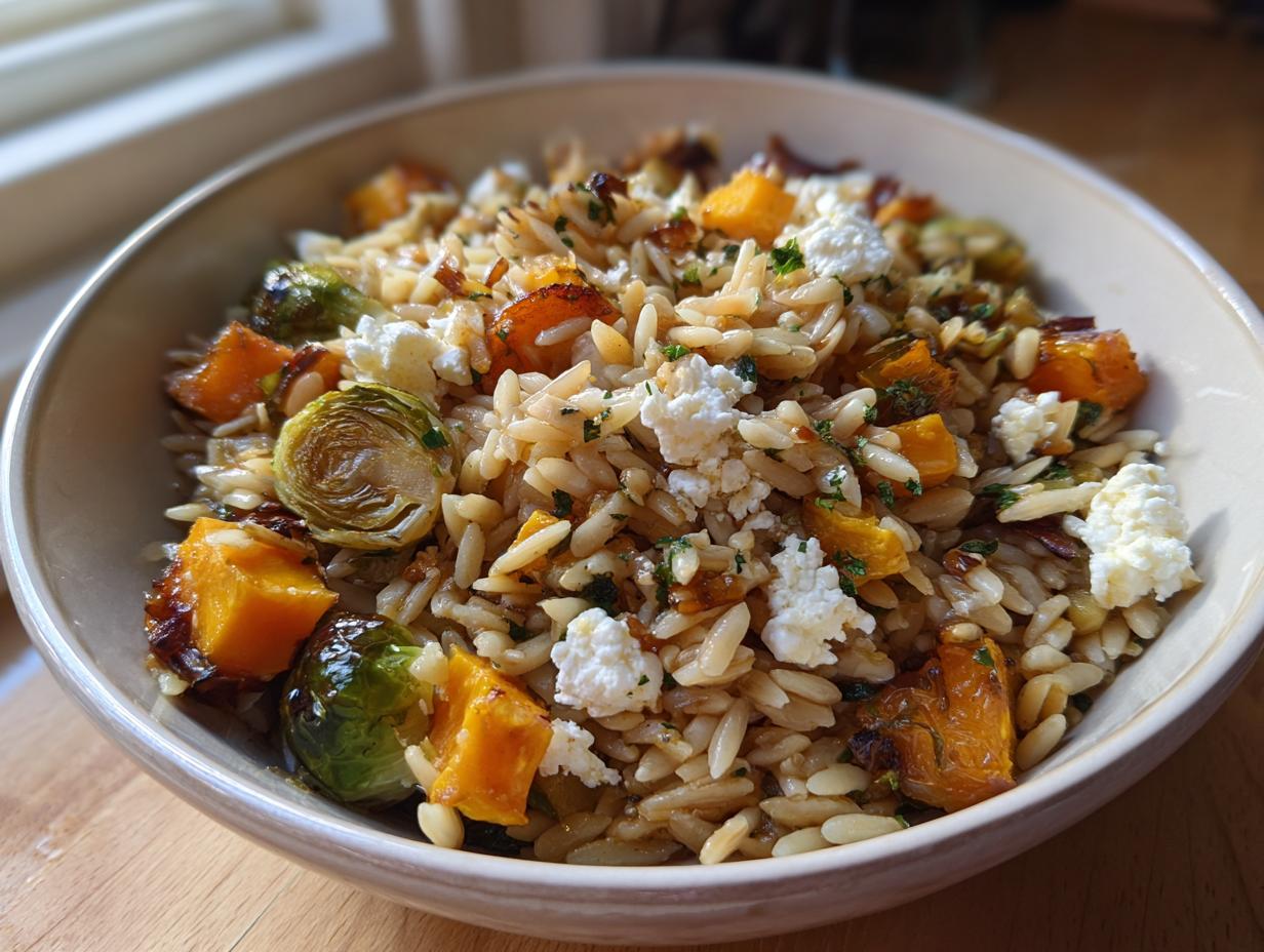 A close-up of a bowl of fall orzo salad featuring roasted butternut squash, Brussels sprouts, and crumbled feta cheese.