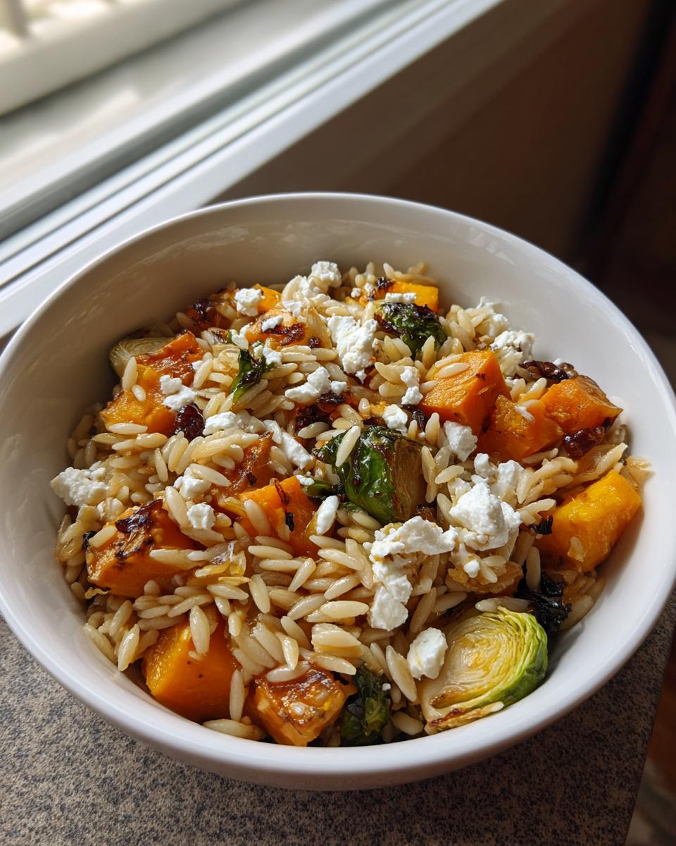 A close-up of a white bowl filled with fall orzo salad, featuring roasted butternut squash, Brussels sprouts, and crumbled feta cheese.