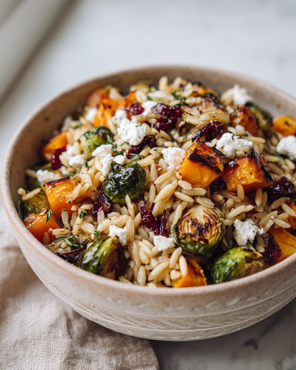 A close-up of a bowl of fall orzo salad featuring roasted butternut squash, Brussels sprouts, cranberries, and feta cheese.