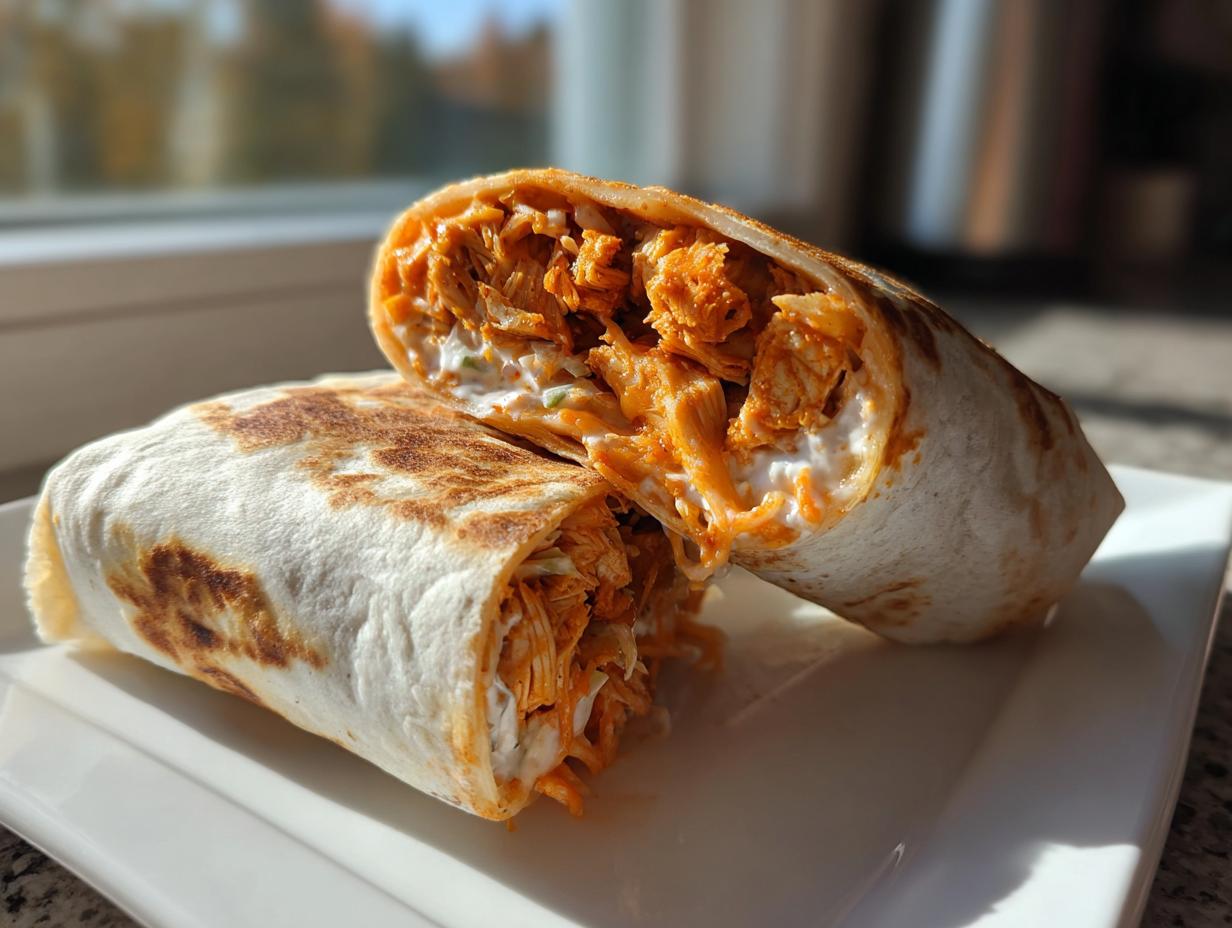 Two halves of a perfectly grilled buffalo chicken wrap, showing shredded orange buffalo chicken and creamy white sauce.