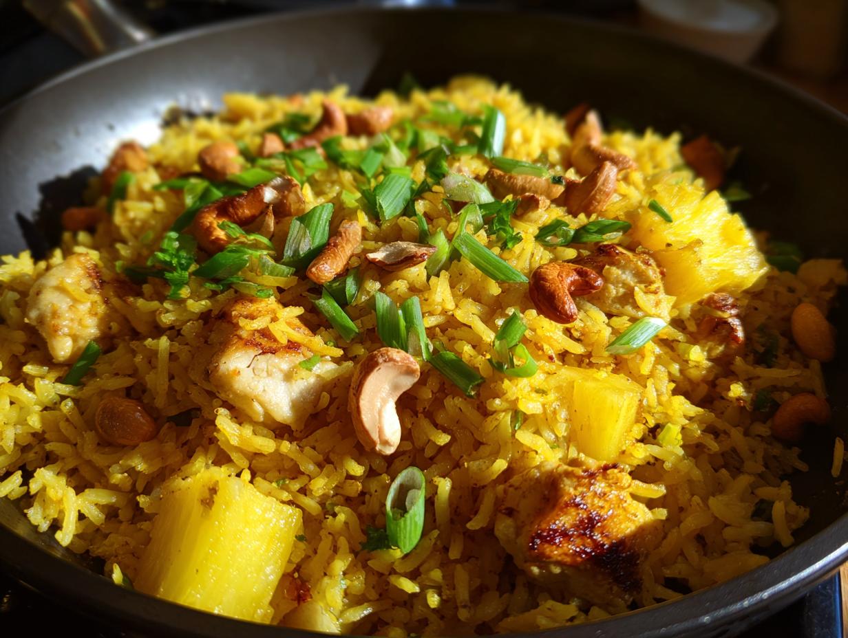 Close-up of vibrant yellow pineapple fried rice with chicken chunks, cashews, and green onions in a dark skillet.