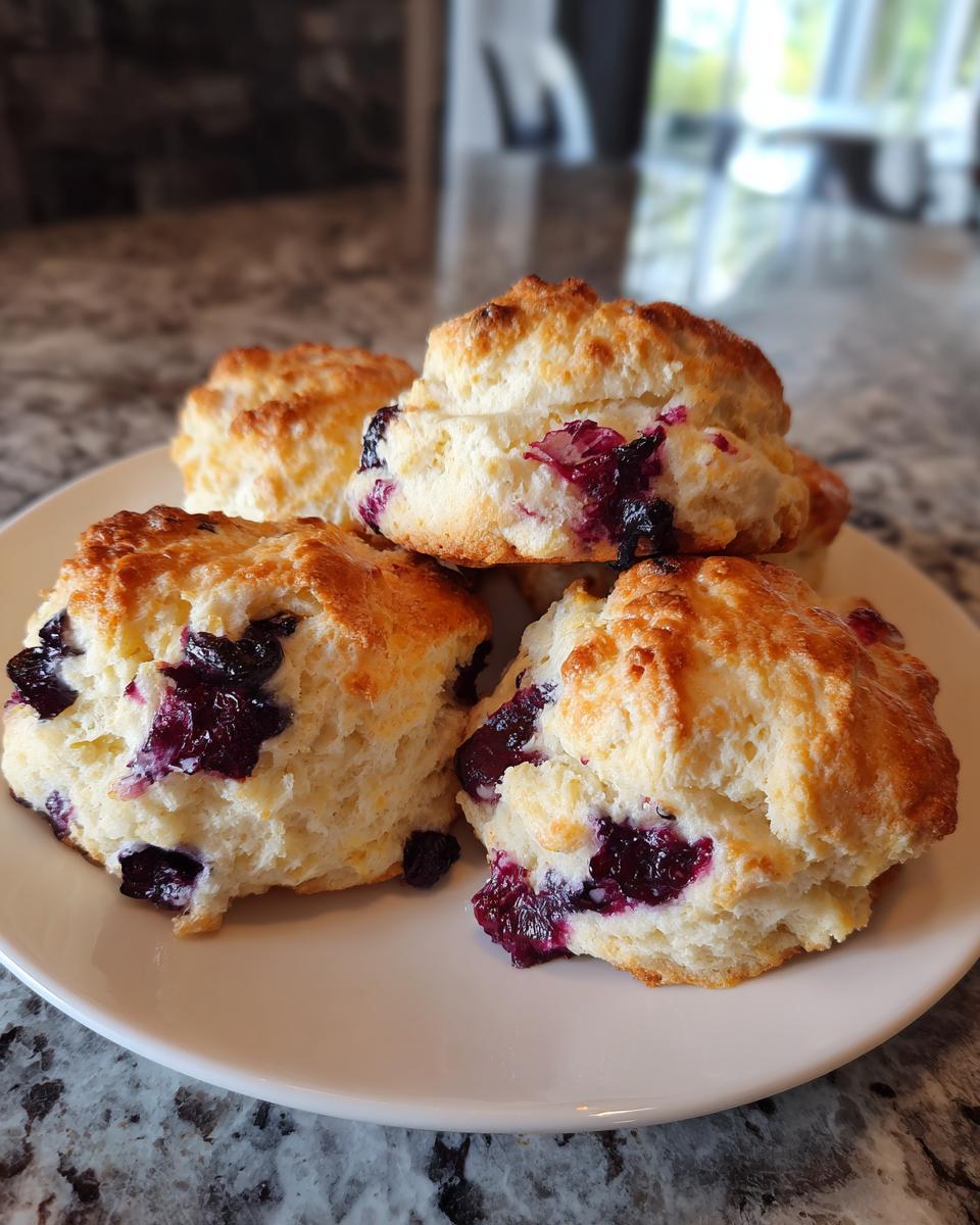 A stack of four golden-brown, flaky blueberry scones bursting with juicy blueberries on a white plate.