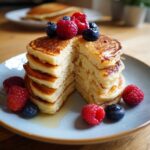 A stack of delicious flourless cottage cheese pancakes topped with fresh raspberries and blueberries, drizzled with syrup.
