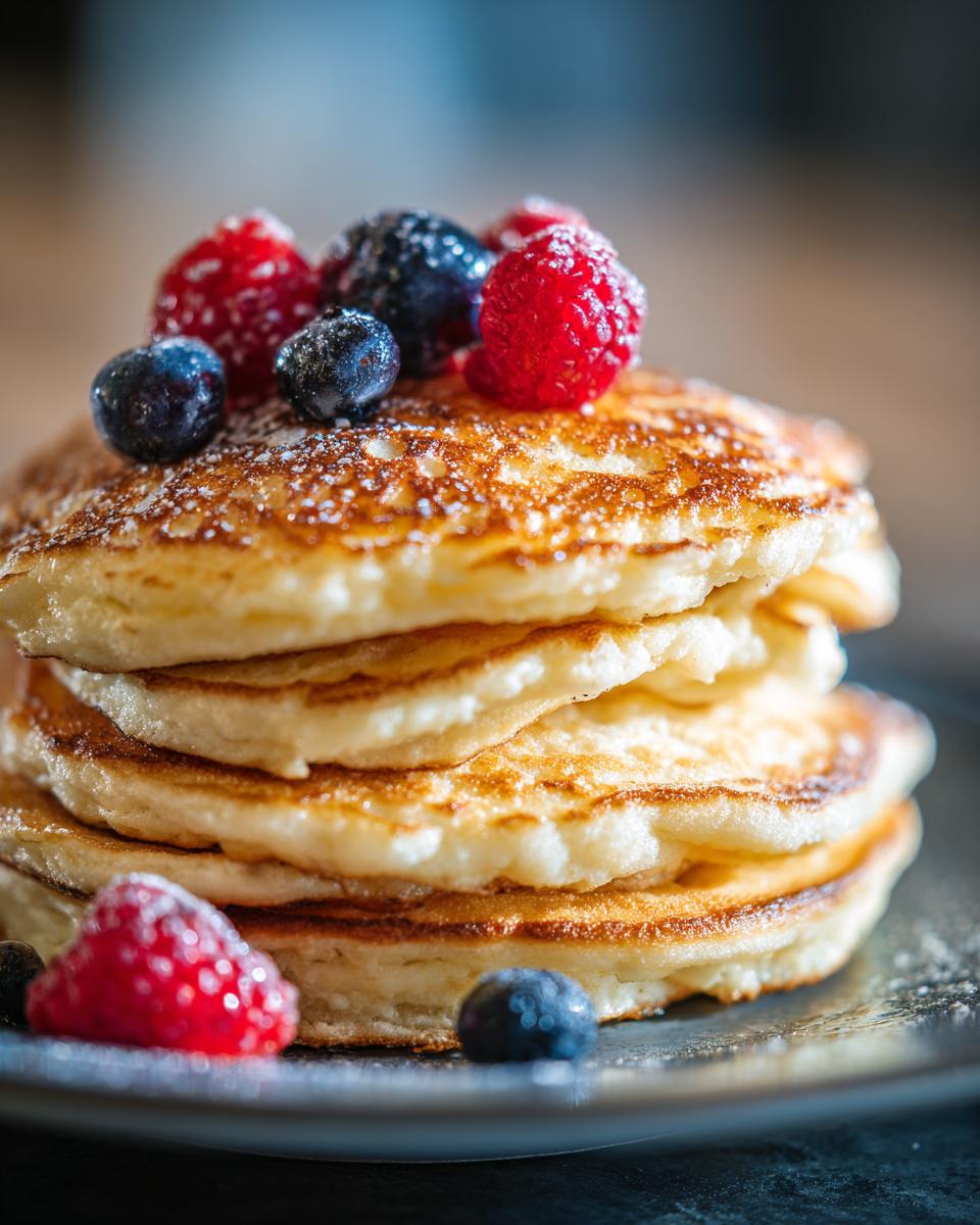 A stack of fluffy flourless cottage cheese pancakes topped with fresh raspberries and blueberries, dusted with powdered sugar.