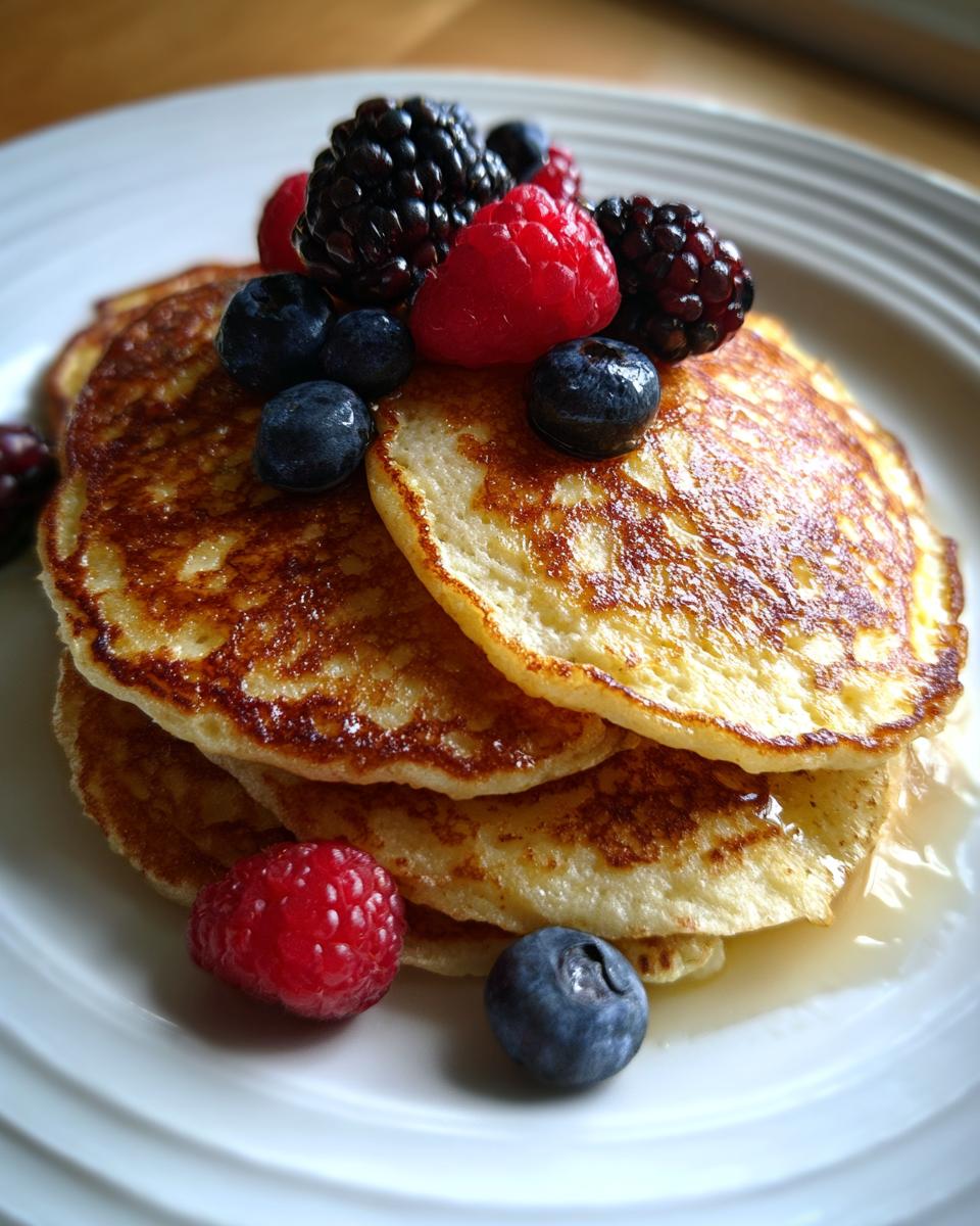 A stack of golden-brown flourless cottage cheese pancakes topped with fresh blueberries, raspberries, and blackberries.
