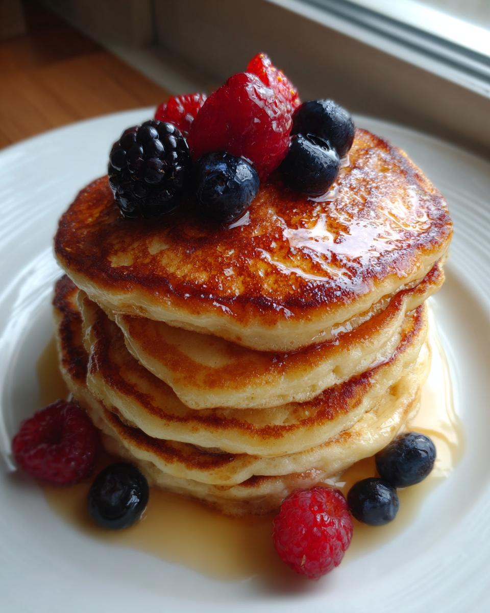 A stack of golden brown flourless cottage cheese pancakes topped with fresh berries and drizzled with syrup.