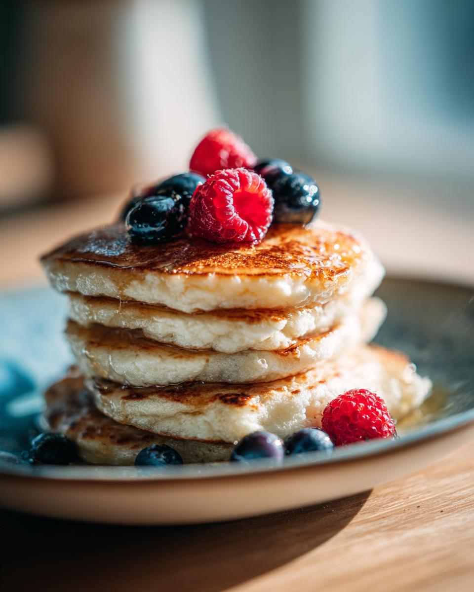 A stack of fluffy flourless cottage cheese pancakes topped with fresh raspberries and blueberries, drizzled with syrup.