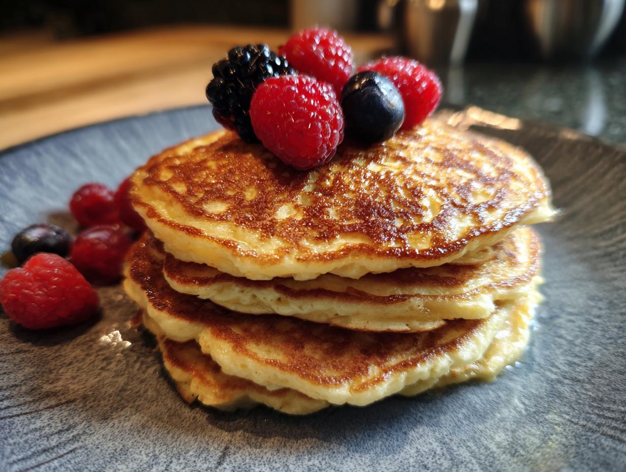 A stack of golden-brown flourless cottage cheese pancakes topped with fresh raspberries, blackberries, and blueberries.