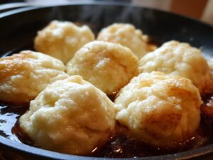 Close-up of fluffy drop dumplings simmering and browning slightly in a dark sauce in a black pan.