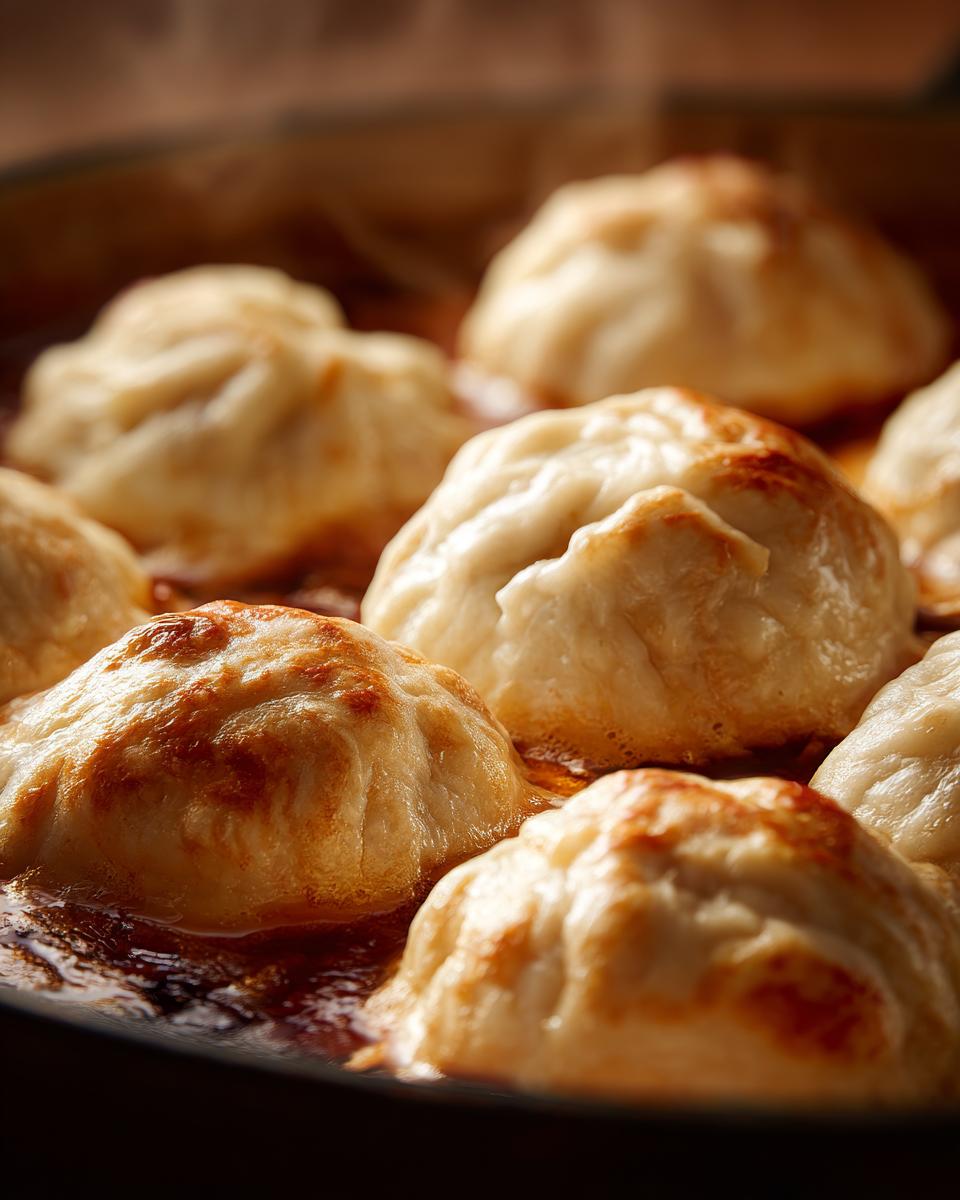Close-up of several fluffy drop dumplings simmering and browning in a rich sauce.