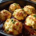 Close-up of fluffy drop dumplings with golden-brown tops resting in a dark, rich gravy, garnished with parsley.