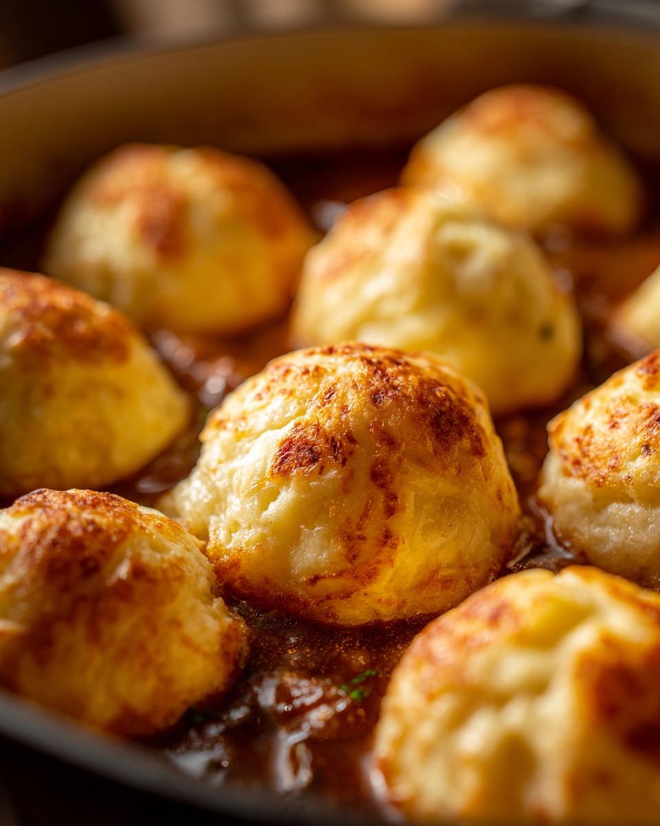 Close-up of fluffy, golden brown drop dumplings resting in a rich, dark sauce.