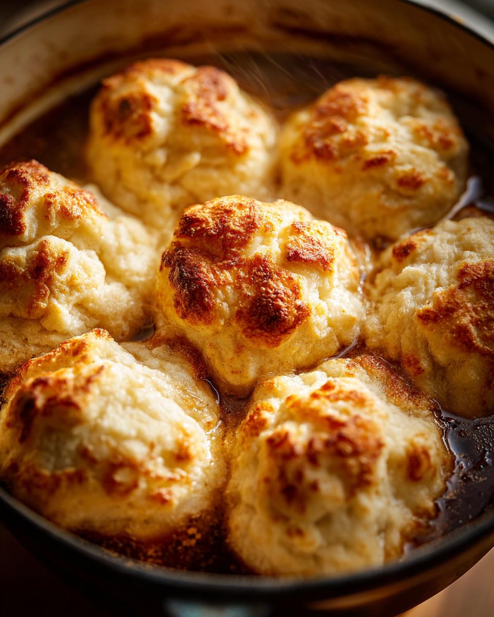 Close-up of fluffy drop dumplings with golden-brown tops simmering in a dark savory liquid.