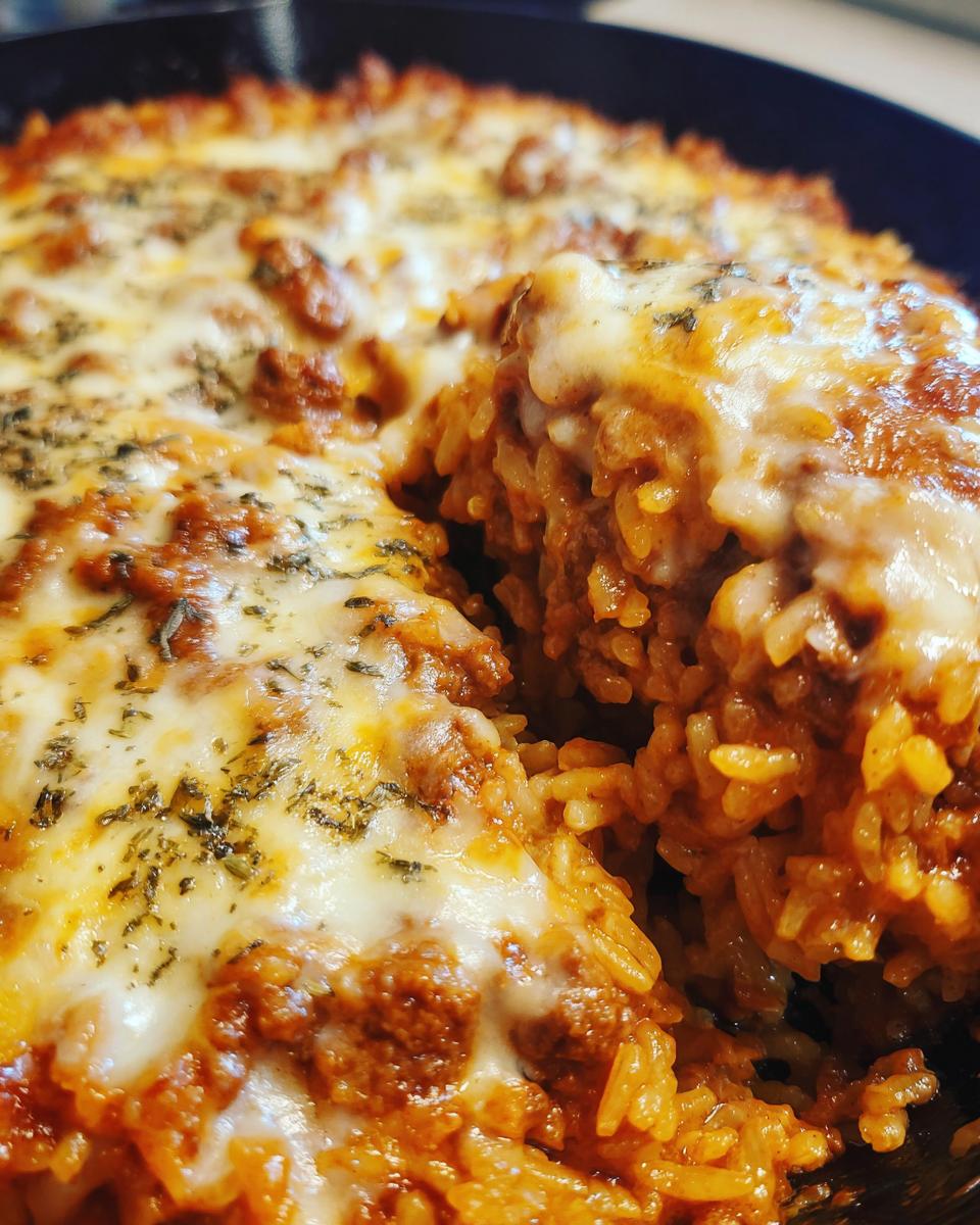 A close-up of cheesy French Onion Beef Over Rice casserole in a pan, with a scoop removed.