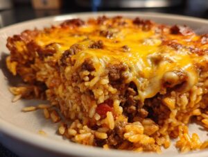 A close-up of a slice of French Onion Beef Over Rice, featuring seasoned ground beef and rice topped with melted cheese.