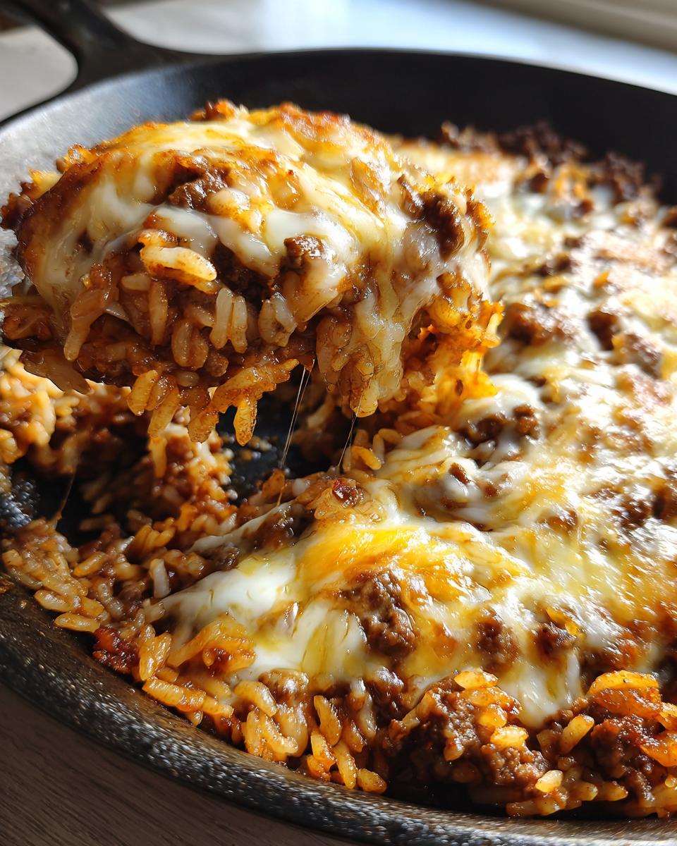 A spoonful of delicious French onion beef over rice, topped with gooey melted cheese, being lifted from a cast iron skillet.