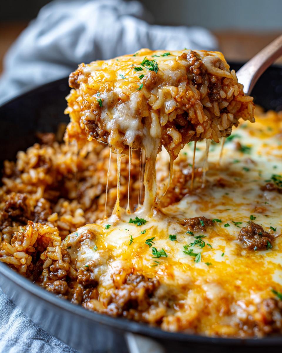 A spoonful of cheesy French onion beef over rice, with melted cheese stretching.