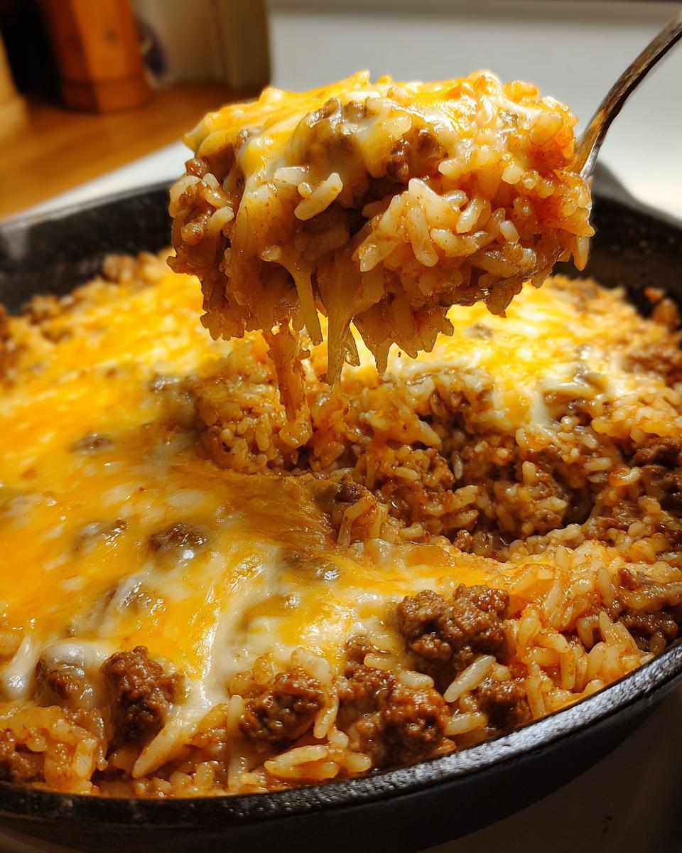A spoonful of cheesy French onion beef over rice, showing ground beef and rice mixed with melted cheese.