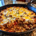 A close-up of French Onion Beef Over Rice in a cast iron skillet, topped with melted cheese and parsley.