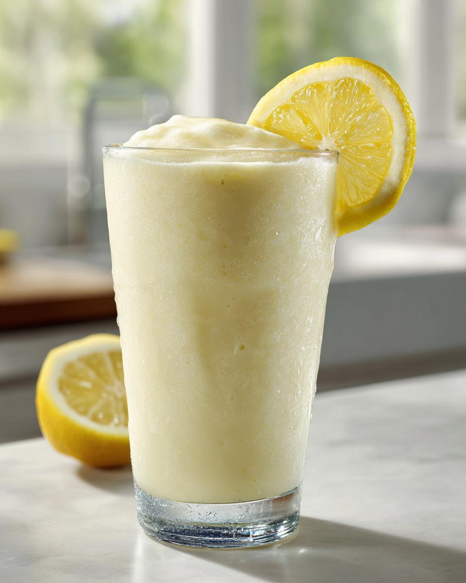 A tall glass filled with frosty Frozen Creamy Lemonade, garnished with a lemon slice and a halved lemon nearby.