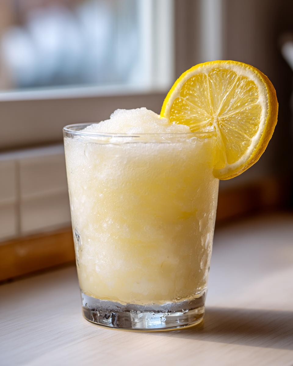 A tall glass filled with frosty Frozen Creamy Lemonade, garnished with a fresh lemon slice.